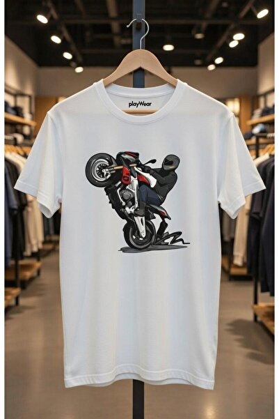 playwear Ön Kaldıran Racing Motorcu Baskılı %100 Pamuk Tişört