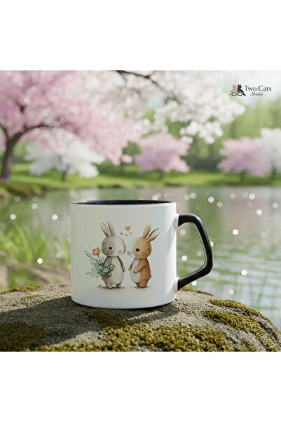 Romantik Tavşanlar Minimal Tasarım Premium Hediyelik Kupa Bardak