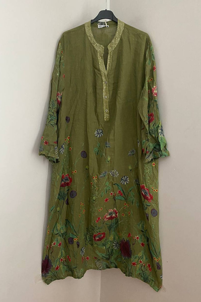 AYASOFYA OTANTIK Women's Italian Oil Green Sequined Lapel Collar Wildflower P...