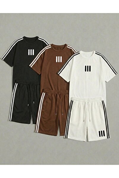 Risil-Nu Company 3Pcs Men-Women Sports Set-Double Stripe Summer T-Shirt Short...