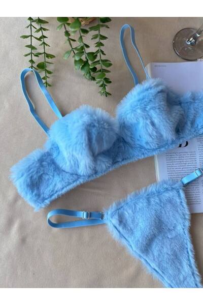 Rossena Kadın Peluş Push Uplu Sütyen Tanga Mavi İç Çamaşırı Takımı
