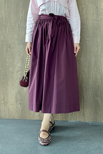Şulemoda Giyim Belted High Waist Midi Skirt Burgundy