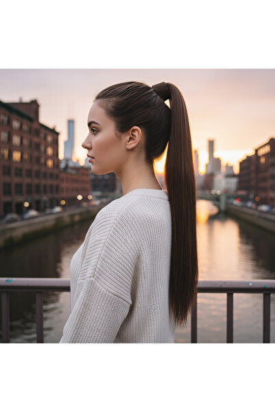 Zeysum Orta Kumral Kahverengi At Kuyruğu Saç Düz Cıtçıtlı Postiş 65 Cm 150 gr...