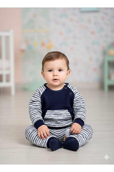 Pamuklu Çizgili Kanguru Cepli 2li Erkek Bebek Takım
