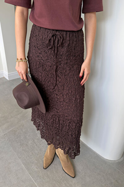 MAGARDE Elastic Waist Lace Skirt - Brown