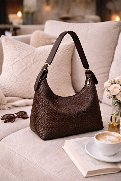 DENSİLA حقيبة كتف نسائية بنية منقوشة