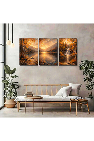 artprinta Sonbahar Göl Manzarası 3’lü Kanvas Tablo Seti