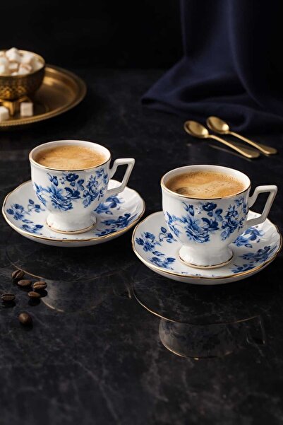Ogeda Home, Mien 2 Kişilik Kahve Fincanı Takımı-Mavi Çiçek Desenli Gold Detay...