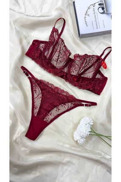 Lady's First Büyük Beden C Kap Bordo Dantelli Bralet Takım