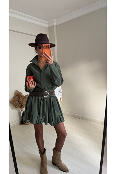 NURCAN KESKİN STORE Green Model Fabric Mini Dress with Belt Detail