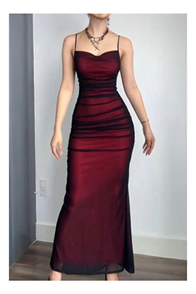 Köstebek Gothic Strappy Vampirecore Tulle Burgundy Long Dress