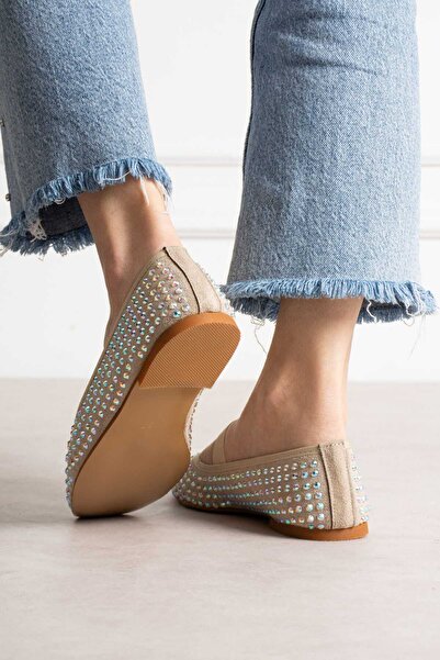 Roshin Shoes Yeni Sezon kadın Taşlı Bej Babet topuk 1CM