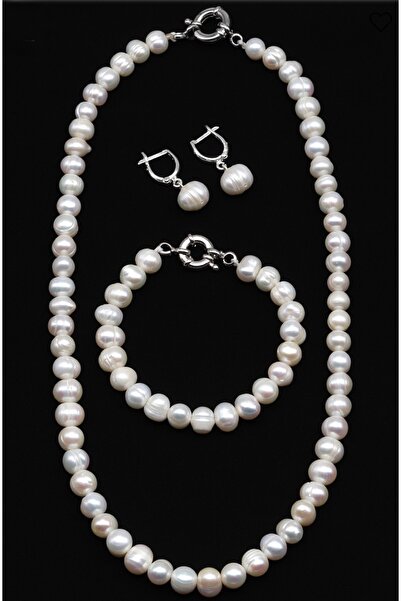 Taşmir Sertifikalı İnci Doğal Taş Kolye Bileklik Küpe Set Paslanmaz Çelik Gem...