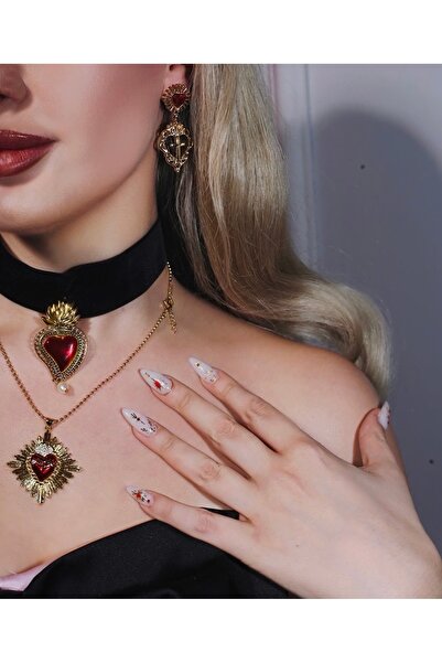 Jovela Gerçek inci kırmızı kalp choker kolye