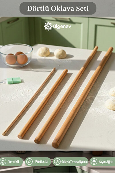 Ülgenev Premium 4’lü Kayın Ağacı Oklava Seti - Vernikli Çeyizlik Hamur Açma v...