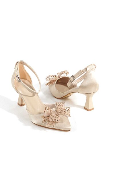 Zaza moda Beige Women's High Heeled Satin Shoes Heel 7 cm Z002