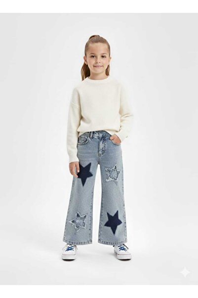 DoğaButikGiyim Kız Çocuk Beli Lastikli Yıldız Detaylı Kot Pantolon