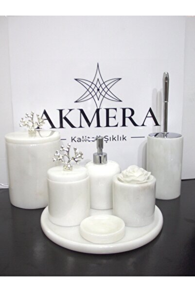 Akmera Home Beyaz Mermer Gümüş Mercan Detaylı 7 Parça Banyo Seti