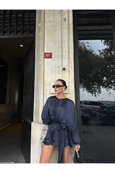 NURCAN KESKİN STORE Women's Navy Blue Tie Bust Skirt Layered Mini Dress