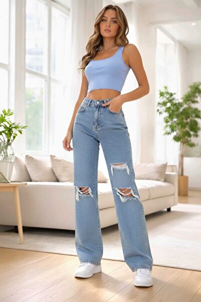 NWC Senna 90's Women's Blue Ripped Super High Waist Loose Lycra Wide Leg Deni...