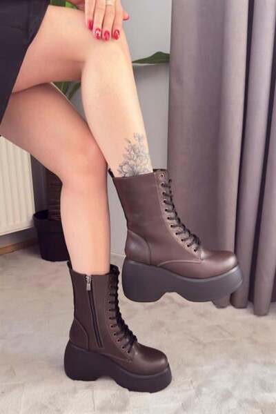 Difolia Women's Riva Side Zipper Lace-Up High Wedge Heeled Long Boots Bootie