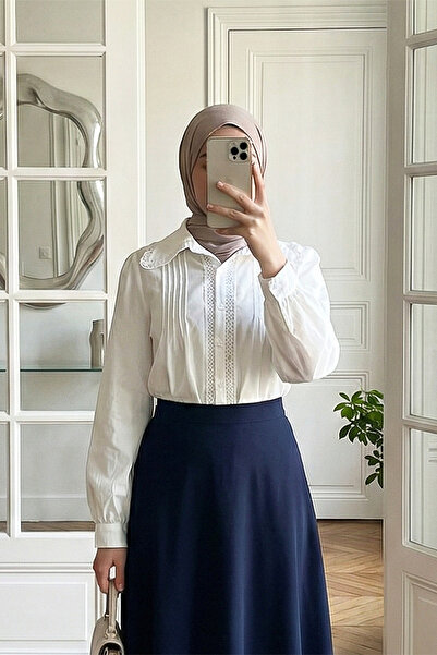 MODAQU White Poplin Blouse Shirt with Scallop Embroidery and Pleated Detail