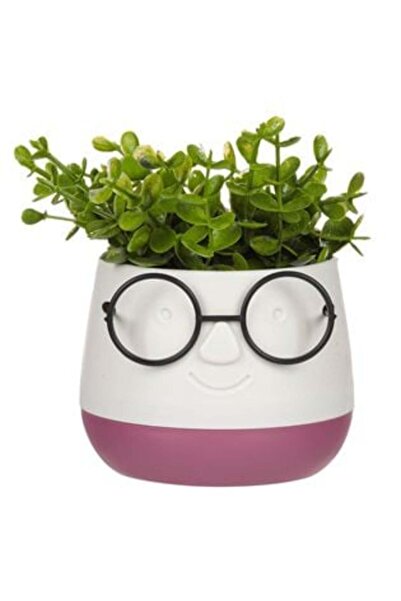 OEM Ghiveci decorativ cu față ecru vișinie cu ochelari negri și plantă artifi...