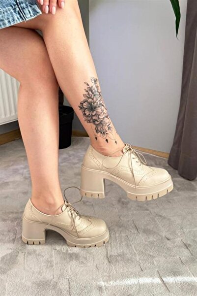 Difolia Women's Diana Beige Skin Carık Model 8 cm Heeled Platform Shoes
