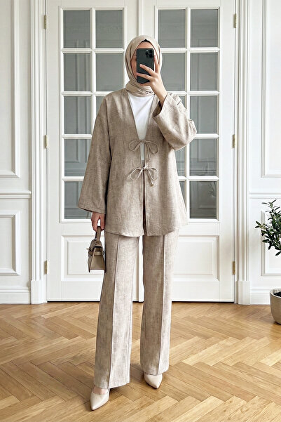 MODAQU Linen Kimono Trouser Set with Lace-Up Front – Mink