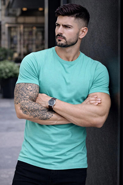 Generic Brand Men's Body T-Shirt Crew Neck Slim Fit Lycra T-Shirt - Turquoise