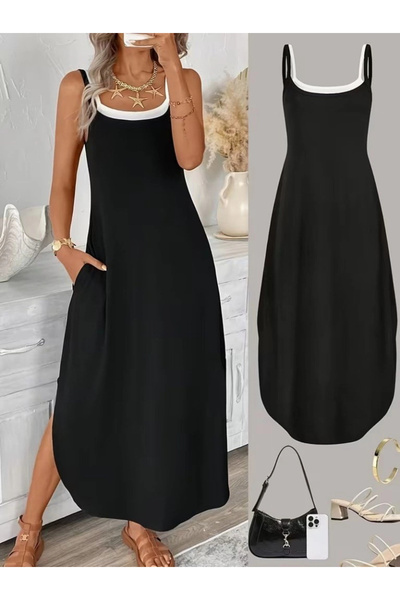 Generic Brand Women's Rope Strap Round Neck Long Viscose Dress with Pockets