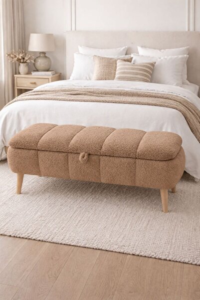 own home Sara Sandıklı Puf Bench, Teddy Kumaş Kaplamalı Ahşap Ayaklı Modern B...