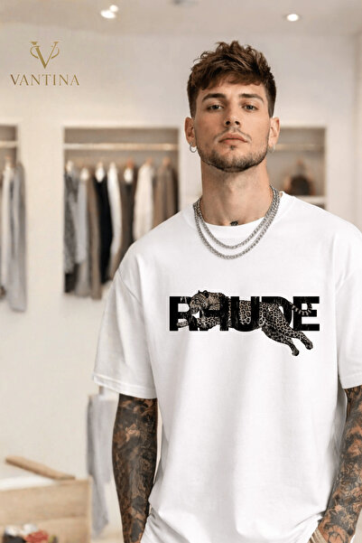 VANTINA Unisex Rhude Leo Printed Oversize Cotton Crew Neck Short Sleeve T-Shirt