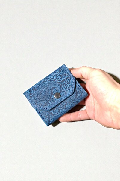 MAT Deri Blue Card Holder Patterned Genuine Leather Small Wallet with Cash Co...