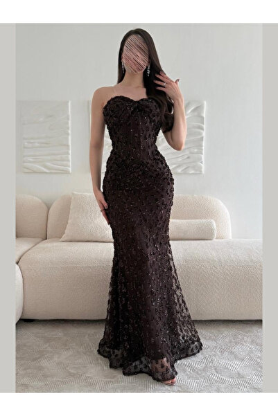 TREN Sophisticated Silver Beaded Formal Gown Slim Fit Tulle Evening Wear with...