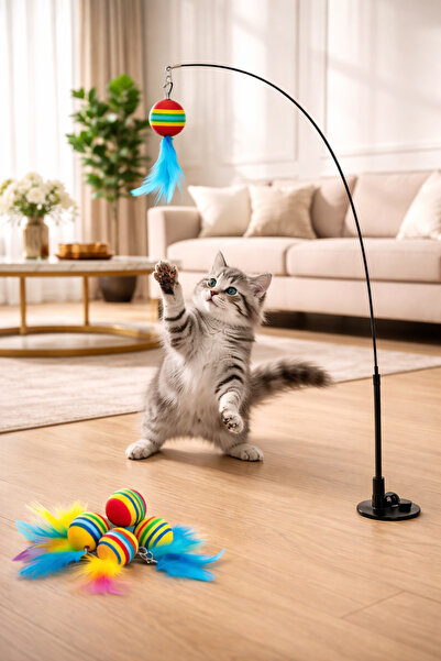 PawX Eğlenceli Vakumlu Kedi Oyuncağı Güçlü Sabit Tabanlı Esnek Çubuklu Tüylü Top
