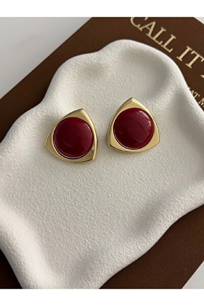 Tasarım Women's Gold Color Triangle Shape Red Stone Earrings
