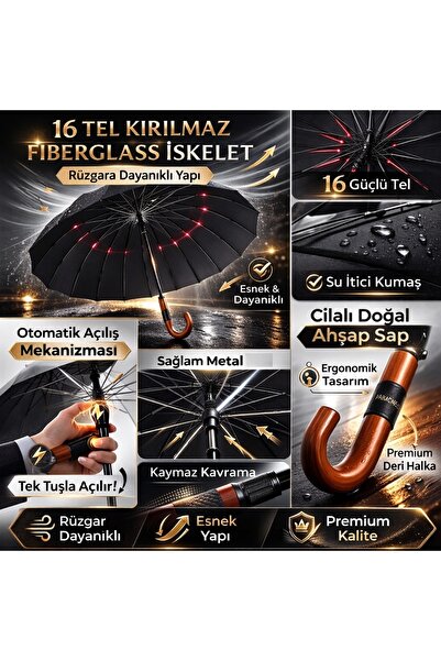 Toptancı Amca Şemsiye 16 Kaburgalı Baston Çelik Şemsiye Özel Deri İşlemeli ve...