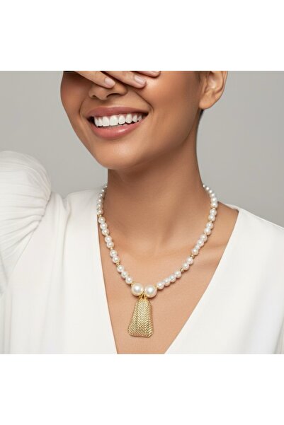 COCOSH TAKI Stylish Evening Dress Design Necklace with Pearl Beads and Gold D...