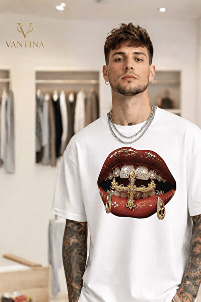 VANTINA Unisex Diamond Lip Printed Oversize Cotton Crew Neck Short Sleeve T-S...