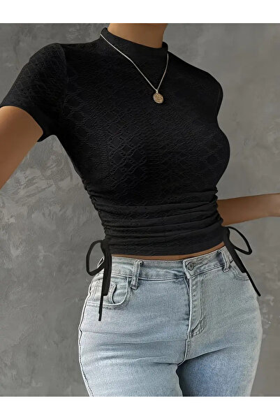 Wildco Black Scallop Detailed Side Gathered Crop Blouse, Short Sleeve Summer ...