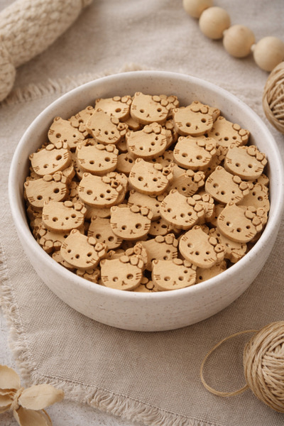 iğne izi 10 mm Wooden Button with Cat Figure, Pack of 50