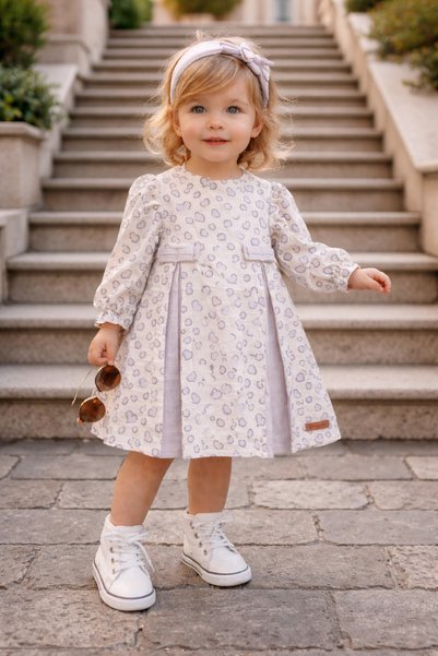 Atlas Baby House Baby Girl-Child Minimal Heart Patterned Front Pleated Lilac Dress 6-18 Months