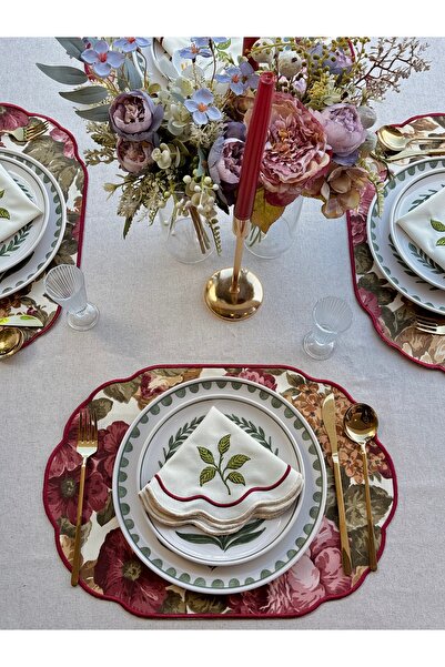 LİONYA DESİGN 4 Parça 2 Kişilik Vintage Çiçek Desenli Nakışlı Sofra Seti(2 Am...
