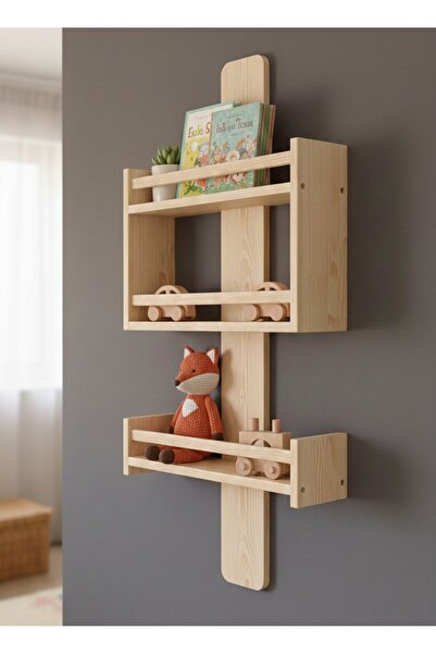 Ev dekka WoodyHome Montessori Ahşap Çocuk Kitaplığı Duvar Rafı - 60x40x10 cm Doğal Çam Oyuncak Düzenleyici