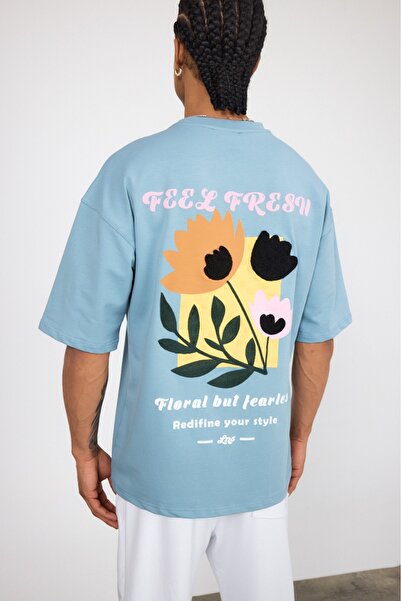 MADZEYMODA Ανδρικό μπλουζάκι με στάμπα στην πλάτη, μπλε χρώμα, μεγάλο μέγεθος...