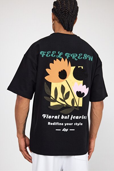 MADZEYMODA تي شيرت رجالي أسود مطبوع من الخلف بمقاس كبير LS-36087