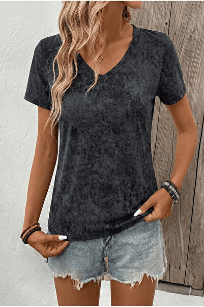 Avones Women's Anthracite V-Neck Washed T-Shirt with Vintage Look Short Sleev...