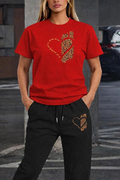 zeag Women's Leopard Heart Printed Tracksuit T-Shirt Set