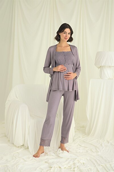 MONAMİSE Women'S, Viscose, Gray, Lace Front Buttoned Maternity 3-Piece Pajama...